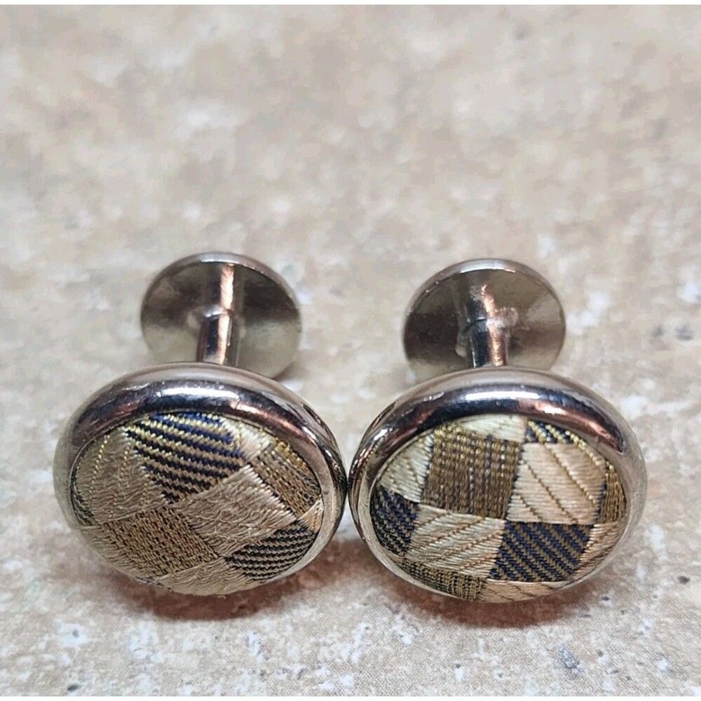 Vintage Cufflinks Round Brown Blue Silver Plaid Fabric Silver Tone